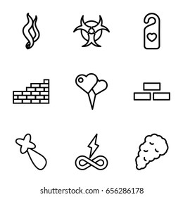 Wallpaper icons set. set of 9 wallpaper outline icons such as brick wall, hair barrette, heart tag, smoke, hazzard, endless battery