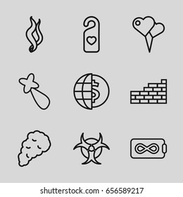 Wallpaper icons set. set of 9 wallpaper outline icons such as hair barrette, heart tag, smoke, brick wall, hazzard, endless battery, globe dollar