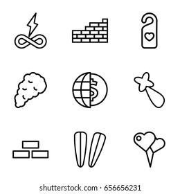 Wallpaper icons set. set of 9 wallpaper outline icons such as brick wall, hair barrette, heart tag, smoke, endless battery, globe dollar