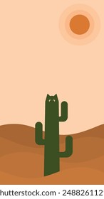 Wallpaper with an illustration of a cat-shaped cactus in a desert with rolling hills and an orange sun in the sky, in a minimalist style with earthy colors.