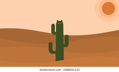 Wallpaper with an illustration of a cat-shaped cactus in a desert with rolling hills and an orange sun in the sky, in a minimalist style with earthy colors.