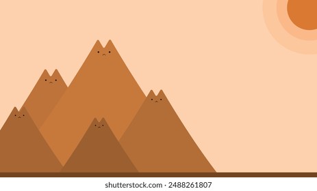 Wallpaper with illustration of cat-shaped mountains, in a desert with an orange sun in the sky, in a minimalist style and earthy colors.