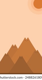 Wallpaper with illustration of cat-shaped mountains, in a desert with an orange sun in the sky, in a minimalist style and earthy colors.