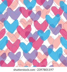 Wallpaper illustration with diverse hearts, gay pride background print.  Multicolored hearts. Bright pattern.