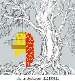 Wallpaper illustration of the tree and bird's cage