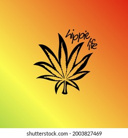 Wallpaper with the image of a cannabis leaf on the background of the colors of the hippie flag. Vector illustration.