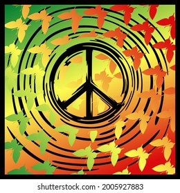 Wallpaper with the image of a hippie icon on the background of the colors of the hippie flag and silhouettes of butterflies. Vector illustration.