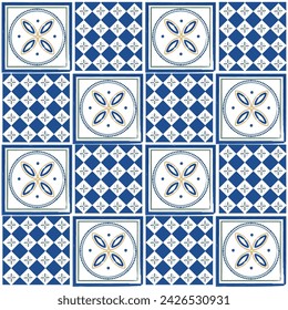 Wallpaper inmodern Italyy inspired background, Geometric ornament, blue and white vases, simple decoration art, ceramic tile pattern seamless vector