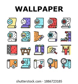 Wallpaper Interior Collection Icons Set Vector. Waterproof And Paper, Vinyl And Non-woven, Textile And Velor Wallpaper Rolls, Production Concept Linear Pictograms. Contour Color Illustrations