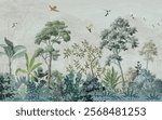 Wallpaper Jungle and Leaves Tropical Forest Mural Birds and watercolor Background. 