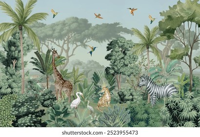 wallpaper jungle and leaves tropical forest mural birds and butterflies old drawing vintage.