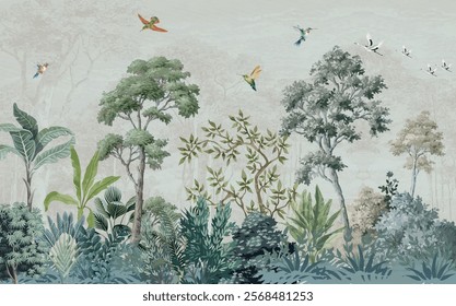 Wallpaper Jungle and Leaves Tropical Forest Mural Birds and watercolor Background. 