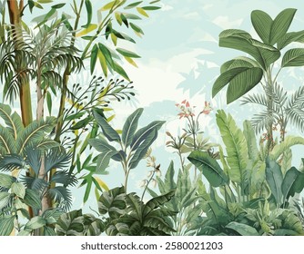 Wallpaper Jungle and Leaves Tropical Forest Mural, Tropical Background, Print for Home Decore. 