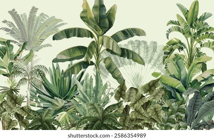 Wallpaper Jungle and Leaves Tropical Forest Mural, Banana Tree, Watercolor Background.