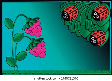 Wallpaper with ladybugs and pink fruits