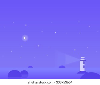 Wallpaper Landscape of Winter Seascape with Moon and Lighthouse, Beautiful Vector Illustration