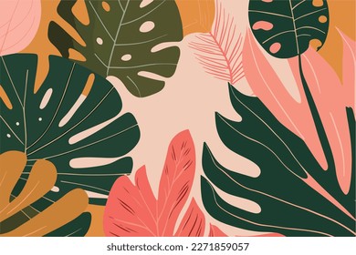 Wallpaper with leaves, colorful plants, summer time concept, pastel colors background