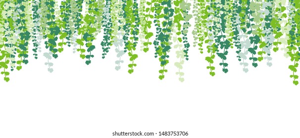 Wallpaper of leaves on white background. Designed to look like a wall with hanging down leaves.