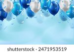 Wallpaper with lots of 3d blue realistic glossy balloons and confetti on blurred background with blank space for greeting text. Banner for birthday, celebration party, sale, opening event, holiday