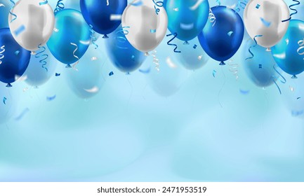 Wallpaper with lots of 3d blue realistic glossy balloons and confetti on blurred background with blank space for greeting text. Banner for birthday, celebration party, sale, opening event, holiday