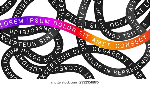 Tapete aus schwarzen Streifen mit Text und dem Regenbogenstreifen. Ein Muster verflochtener schwarzer Threads. Vektorgrafik.