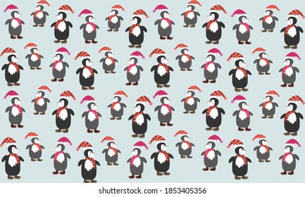 The wallpaper made of Christmas penguins in scarf and hat. Placed on frozen blue color.