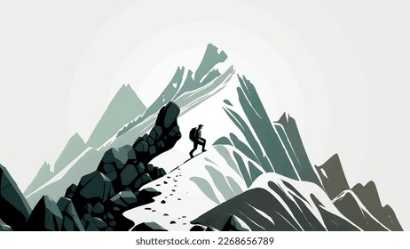 wallpaper with man climbing mountains, flat minimalist style vector illustration