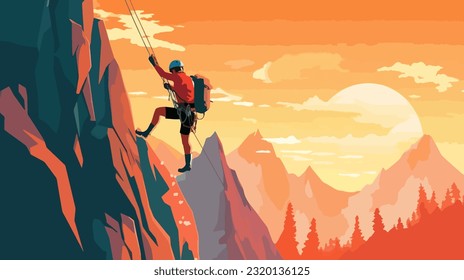 wallpaper with man climbing mountains, flat minimalist style vector illustration. Man climbing mountains illustration