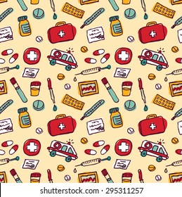 Wallpaper medical objects color seamless pattern. Seamless pattern with medical icons and objects. Color vector illustration.