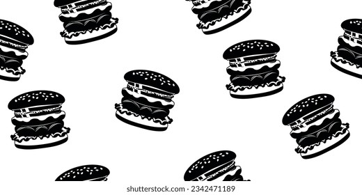 Wallpaper of monochrome hamburgers scattered across the canvas. Seamless pattern for textiles, pillows, clothes, background, packaging, notepads. Vector.