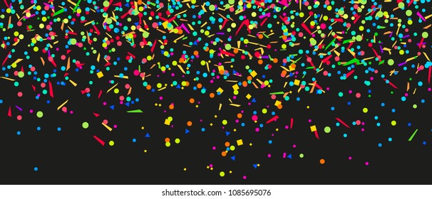 Wallpaper with multicolored confetti on dark background. Pattern for design. Glitters. Print for polygraphy, posters, banners and textiles. Greeting cards. Explosion. Firework