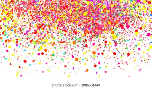 Wallpaper with multicolored confetti on white. Pattern for design. Background with glitters. Print for polygraphy, posters, banners and textiles. Greeting cards. Explosion. Firework