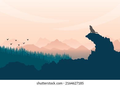 Wallpaper in natural concept. Peaceful landscape. Vector illustration. Minimalist style. Monotonous colors. Silhouettes of mountains. Slopes, relief. Panoramic image.