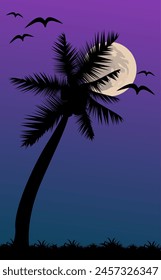 Wallpaper of a night theme with coconut tree and moon light in the evening.
