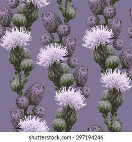 wallpaper, Pattern with blooming burdocks.  Violet Flowers on the green background. vintage pattern, vintage flowers