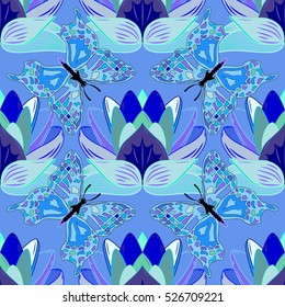 Wallpaper pattern with flowers and butterflies on a background of wavy lines . Buds of flowers on a blue background.