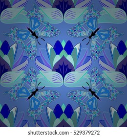 Wallpaper pattern with flowers and butterflies on a background of wavy lines . Buds of flowers on a blue background.