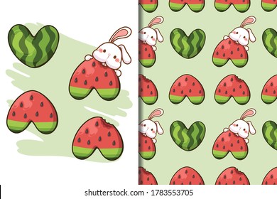 Wallpaper and pattern heart shape watermelon and whit rabbit cartoon