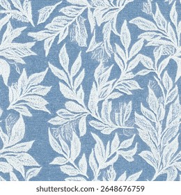 Wallpaper pattern, white leaves on a blue background,  on linen fabric print pattern, cotton, silk, vector illustration, doodle summer, kids and baby designs for print fabric.