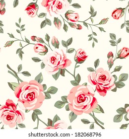 Wallpaper with pink roses. Seamless pattern with vintage flowers and leaves. Vector illustration