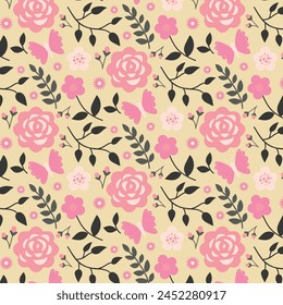 Fondo de pantalla con rosas rosadas. Patrón sin costuras con flores y hojas vintage. Ilustración vectorial
