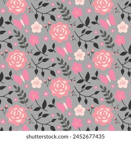 Fondo de pantalla con rosas rosadas. Patrón sin costuras con flores y hojas vintage. Ilustración vectorial
