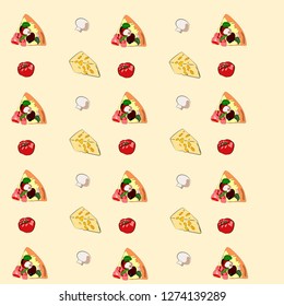 Wallpaper with pizza. the most delicious pizza. tomatoes, cheese, a slice of pizza, mushrooms are depicted. illustration, vector