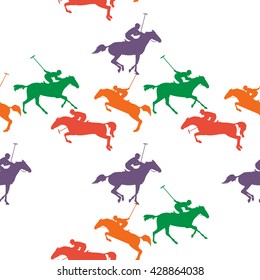 wallpaper with polo horse, jockey and mallet. polo sport seamless pattern. Vector horseman and horse background. pattern with colorful polo horses on isolated background