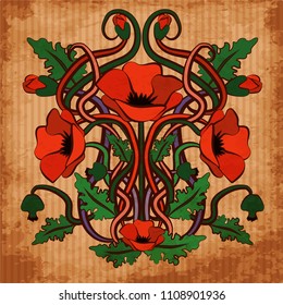 Wallpaper with poppy flowers in art nouveau style, vector illustration