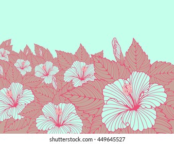 a wallpaper poster background with a field of hibiscus flowers in soft blue, brown and red 