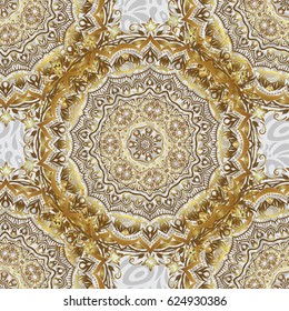 For wallpaper, presentation, design, textiles. Vector illustration. Seamless vector image of the elements in gold color on gray background.