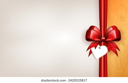 Wallpaper with realistic 3d bright red bow with vertical silk ribbon and paper label tag on white background with copy space for text. Scarlet bow with tape as gift box, present wrapping for holidays