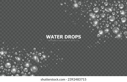 Wallpaper with realistic 3d pure water drops or condensation on surface. Widescreen banner with rain droplets or dew pattern as frame on transparent background. Aqua fresh banner with water texture