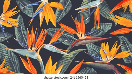 Wallpaper with realistic vector Strelitzia for the desktop of computers, laptops, tablets. High detailed bright tropical flowers with leaves for your design, posters and banners and social media posts